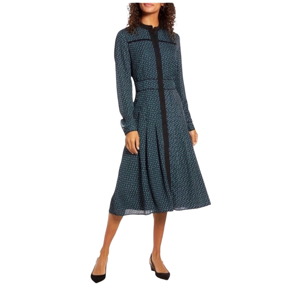 1901 Geo Print Long Sleeve Button Down Fit & Flare Midi Shirt Dress Size XS